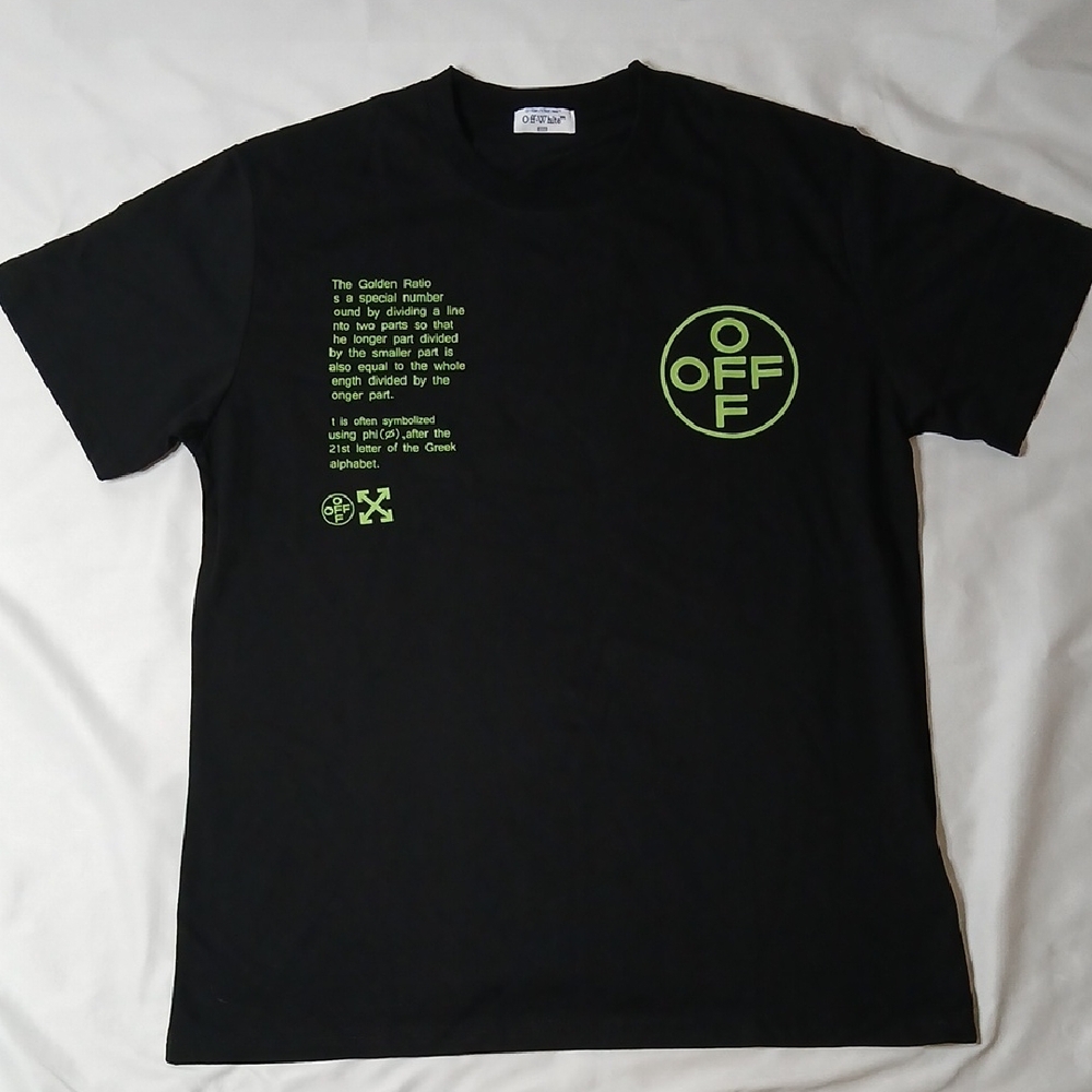 Off-White Black T-Shirt with Neon Green Logo and Text